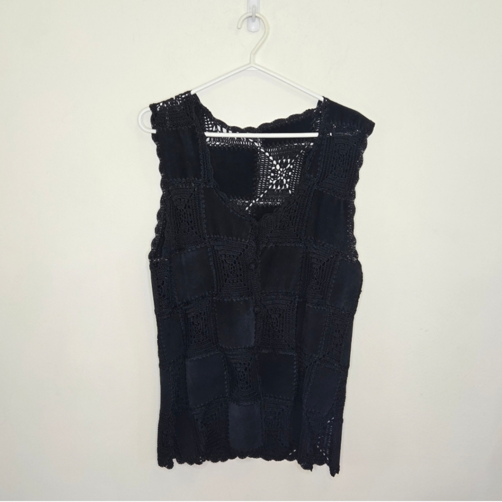 Vintage Black Patchwork Crochet Suede Vest